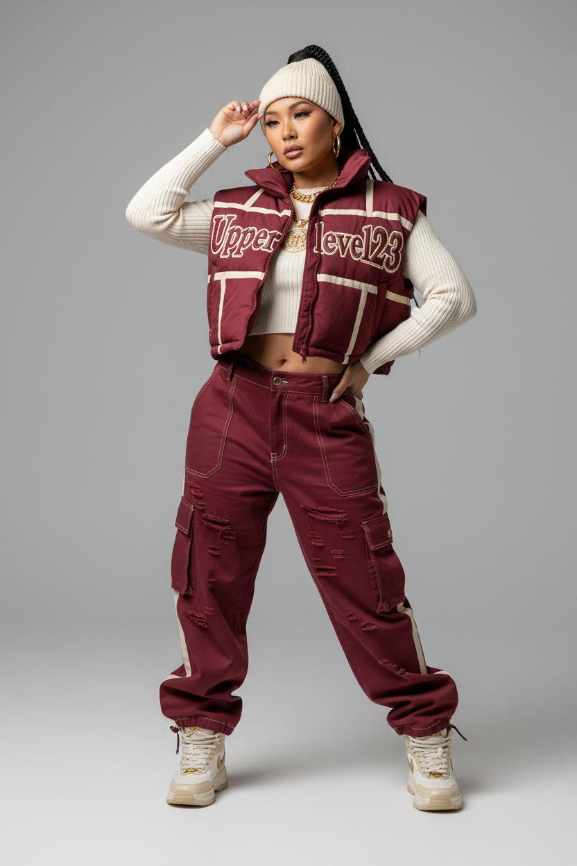Cropped Puffer Vest - Burgundy & Cream