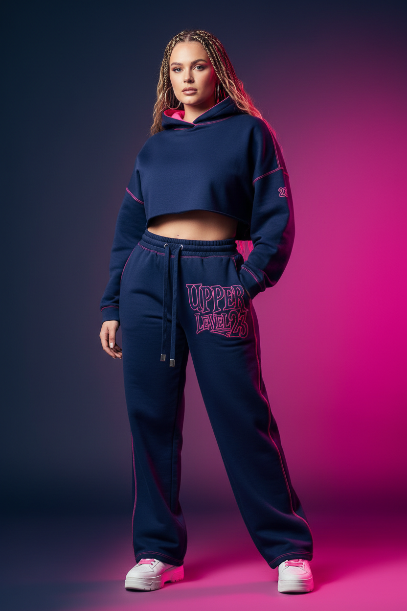 Wide-Leg Sweatpants - Navy & Pink
